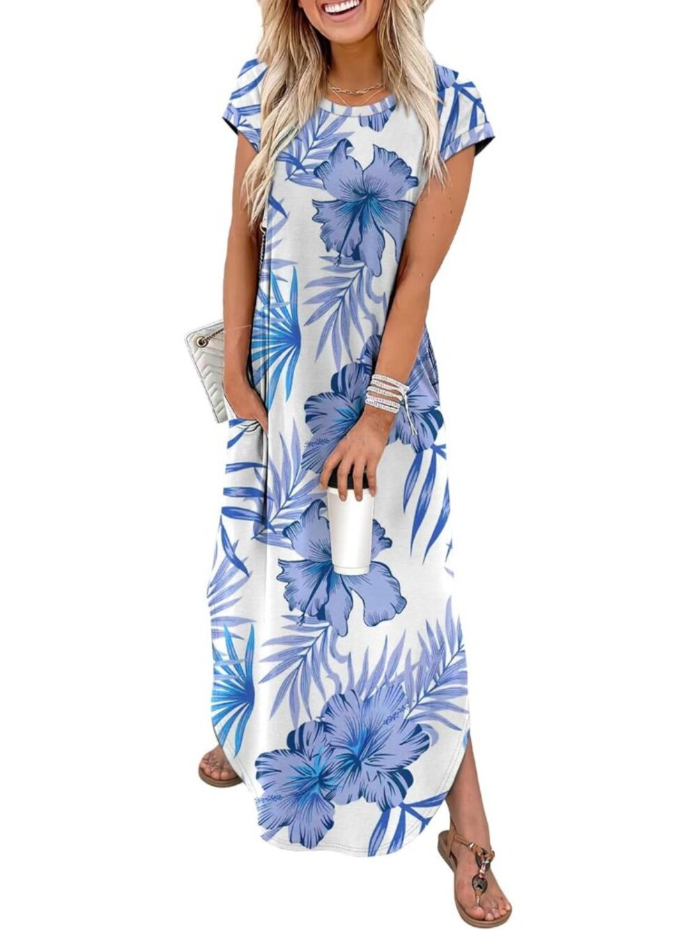 Women's Maxi Dresses Floral Blue Leaf Crew Neck Cap Sleeves Summer Comfort Soft